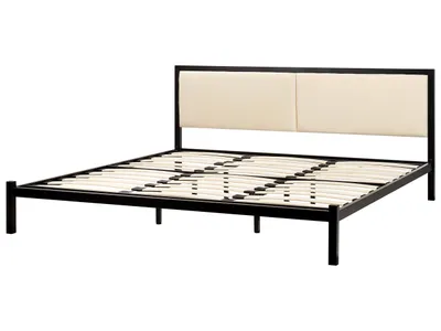 Produktbild von BELIANI Bett Schwarz und Hellbeige Metall mit Lattenrost 180 x 200 cm Hohes Kopfteil Ohne Fußteil Modern Industrie-Design Metallbett Doppelbett