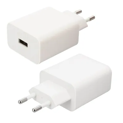 Two white Huawei SuperCharge 40W power adapters are shown against a white background. One adapter is shown from the front, displaying the USB-C port. The other adapter is shown from the side, with its prongs visible.