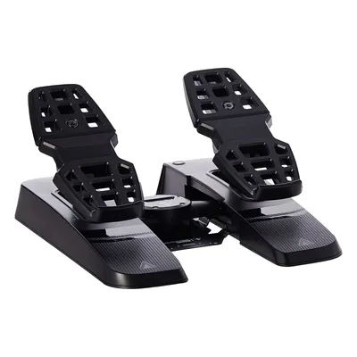 A pair of black gaming rudder pedals on a white background.