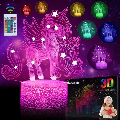 Obrázok produktu pre Nočná lampička pre deti UnineedMe s motívom jednorožca, 3D lampa s 16 farbami, ovládaná dotykovým spínačom a diaľkovým ovládaním, vhodná ako darček pre dievčatá vo veku 3-10 rokov, dekoratívne osvetlenie do detskej izby v štýle jednorožca