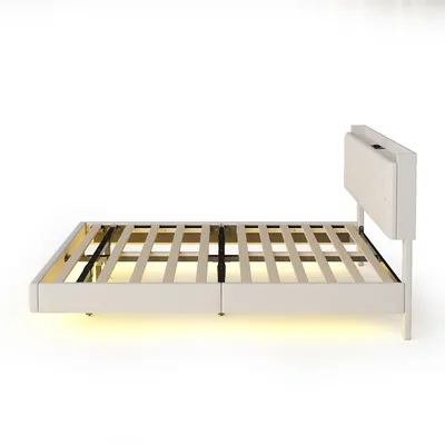Produktbild von Polsterbett 140x200cm Doppelbett (ohne Matratze) Jugendbett Beige Leinenstoff Mit USB-Ladeanschluss und LED-Farbwechsel-Lichtleiste Mit Lattenrost
