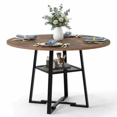 Produktbild von KOMFOTTEU Runder Esstisch 120 cm, Esszimmertisch mit offener Ablage für 4-6 Personen, Küchentisch im Industriestil mit Holzoptik Tischplatte & Metallbeine, Tisch für Esszimmer, Küche & Wohnzimmer, Rustikales Braun