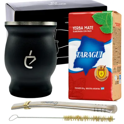 Immagine prodotto di Un Mate kit iniziale yerba mate 4 pezzi – Taragüi 250 g, tazza termica in acciaio 230 ml, bombilla 16 cm e scovolino, nero