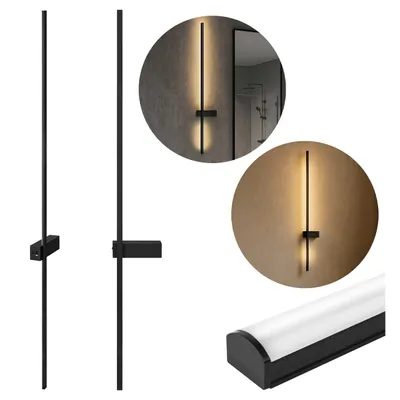 A collage of images showing a modern black LED wall light, including close-ups of its installation and a separate image of the light strip.