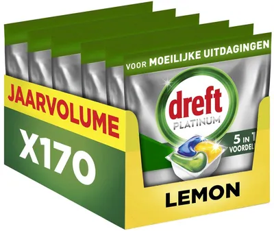 Produktbild von Dreft Platinum All-in-One Geschirrspültabs – Zitrone – 170 Kapseln – Jahresmenge