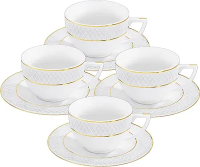 Image de Tasse à thé Wilmax avec soucoupe, 240 ml, porcelaine blanche à bord doré, lot de 4 WL-880102404/AB4