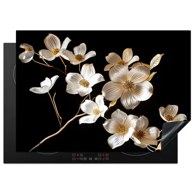 Produktbild von KitchenYeah© Herdabdeckplatte Schwarz - Blumen - Weiß , 75x52cm, Küche Deko, Glaskeramikkochfeld Herdabdeckung, Abdeckplatte fùr Kochfeld