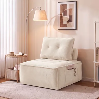 Produktbild von Bouclé Modulsofa mit Tiefsitz, Bodensessel mit Seitentasche für Wohnzimmer und Apartment