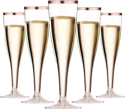 Produktbild von 50 Stück Plastik-Champagnegläser mit Rosa-Gold-Rand - Herstellbare Weingläser für Feiern, Hochzeiten und Gartenaktivitäten, 150ml, 5 x 17 cm