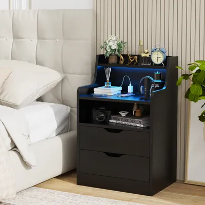 Image de Table de nuit avec éclairage LED hauteur 72.5cm avec 2 tiroirs 2 étagères 2 prises de courant noir