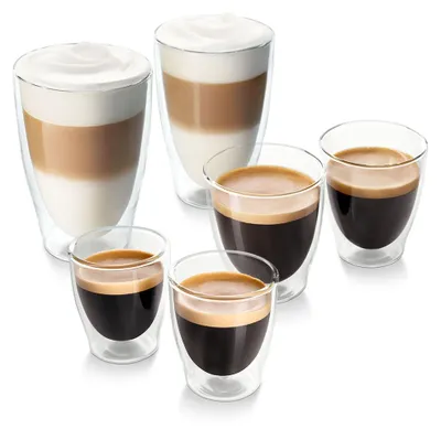 Produktbild von Tchibo 6er Gläser Set, 2x Latte Macchiato, 2x Caffè Crema, 2x Espresso, Doppelwandig, Modernes Design, heiß und kalt