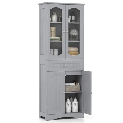 A tall, gray bathroom cabinet with glass doors and a drawer, standing against a white background.