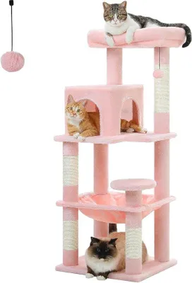 Produktbild von Famanu Katzenbaum 116 cm mit mehreren Ebenen und Hangmatte - Katzenaktivitätshaus für Wohnungskatzen