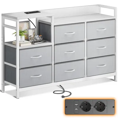 Obrázok produktu pre Komoda s 8 zásuvkami na látkové oblečenie, 2 USB portami a 2 zásuvkami na napájanie, rozmer 132x30x88 cm, farba: biela/svetlosivá