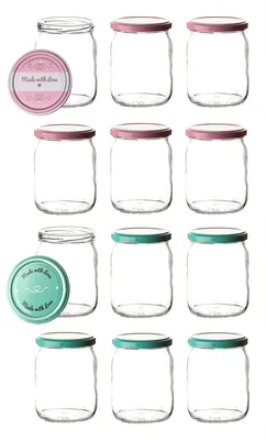 Produktbild von BigDean 12er Set Einmachgläser mit Deckel in rosa und pastell-grün in made with love Stil - 540ml Sturzgläser Marmeladenglas