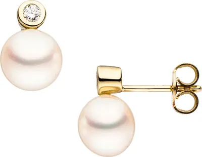 Produktbild von Paar Ohrstecker Ohrschmuck mit Süßwasser Perlen & Zirkonia 333 Gold Gelbgold