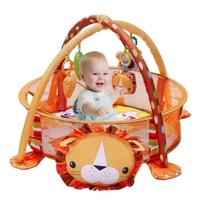 Produktbild von 5-in-1 Baby-Spielmatte mit Krabbeldecke, Fitnessrahmen, 30 Bällen und 4 Spielzeugen, geeignet für Babys von 0–6 Monaten, mit lustigem Löwenmotiv