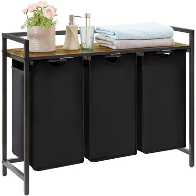 Produktbild von Wäschekorb Wäschesortierer Wäschebox - 3 Fächer - 120 L mit Ablage und Ausziehbeuteln - Schwarz - Für Waschküche, Bad und Schlafzimmer