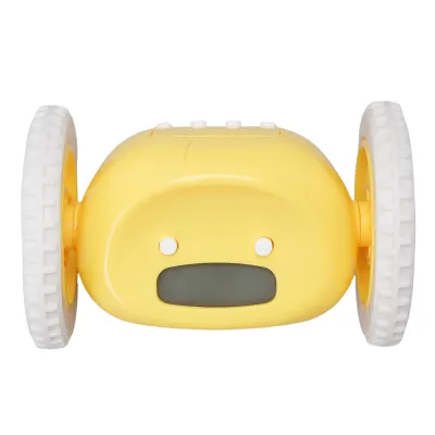 A yellow alarm clock with wheels is shown against a white background.