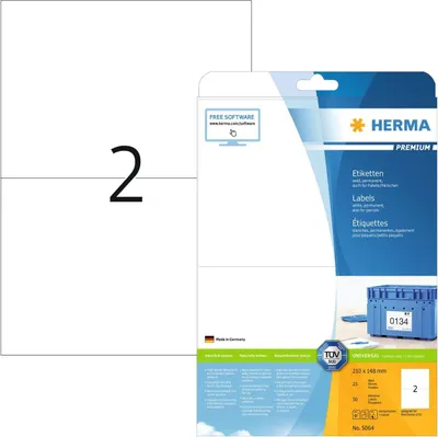 Zdjęcie produktu dla HERMA 5064, Biały, Samoprzylepne etykiety do drukowania, A4, Papier, Laser/Atrament, Na stałe