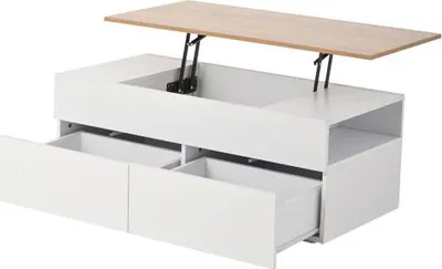 Produktbild von Hoehenverstellbarer Couchtisch 100x50x40cm Verstecktem Stauraum 2 Schubladen Halboffener Sofatisch Weiss Holzfarbe Kaffeetisch Wohnzimmertisch Tisch