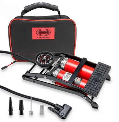 Produktbild von Fußpumpe Fahrradpumpe Reifenpumpe - Doppelzylinder - Mit Manometer - 10 bar - 140 psi - Mit Aufbewahrungstasche