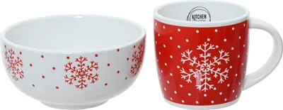 Produktbild von Frühstücksgeschirr Keramik mit Weihnachtsmotiv 2er Set Weiß / Rot