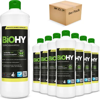 Produktbild von BiOHY Teppichshampoo, Teppichreiniger, Teppichreinigungsmittel, Teppichschaum – 9er Pack (9 x 1 Liter Flasche)