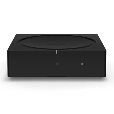 A black Sonos amplifier and network player is shown from the front on a white background.