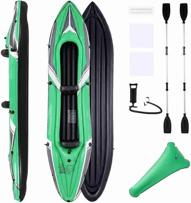 Produktbild von Kajak aufblasbar 2 Personen, Schlauchboot mit Aluminiumpaddeln, aufblasbare Sitze, Fußpumpe & Reparaturset, belastbar bis 160 kg, Kanu zum Angeln, Driften & für Abenteuer