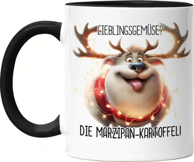 Produktbild von Lieblingsgemüse Marzipankartoffel Lustiges Rentier Julklapp Geschenk Tasse Schwarz Lichterkette Adventsgeschenk