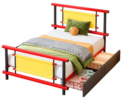 Produktbild von Metallbett 90 x 200 cm mit Kopfteil und Fußteil, Stauraum unter dem Bett,rot