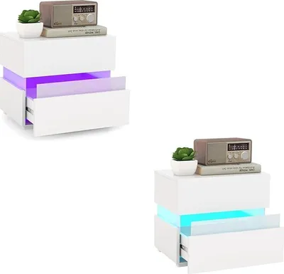 Produktbild von Nachttisch mit LED-Beleuchtung, 22 dynamischen Modi, 5 Helligkeitsstufen, Fernbedienung, 2er Set Nachtkommode, 2 Schubladen, 45x35x45cm, Weiß