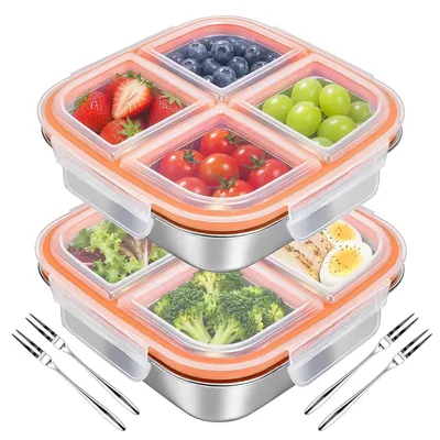 Snackbox Edelstahl 600 ml, 4 Fächer, 2er Set