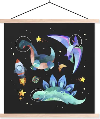 Produktbild von MuchoWow® Textilposter Dinosaurier - Rakete - Kinder - Mädchen - Kinder - Kinder 40x40 cm mit holzfarbenen Rahmen - Posterleiste