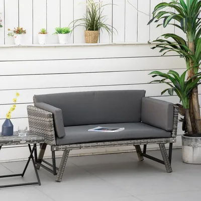 Zdjęcie produktu dla Sofa ogrodowa z rattanu syntetycznego, dwuosobowa, z składanymi podłokietnikami, wymiary: 129x63x67 cm, kolor: szary