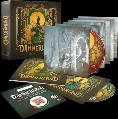 A deluxe edition of a game or media product, including its box, discs, and accompanying materials, displayed against a black background.