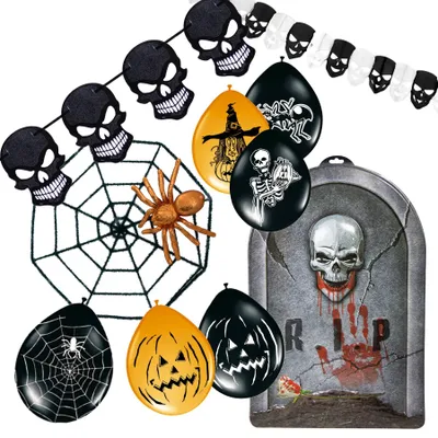 Produktbild von 28-teiliges Halloween Dekoration Set inkl. Totenkopf-Girlanden, Luftballons, Spinnennetz und Deko Grabstein