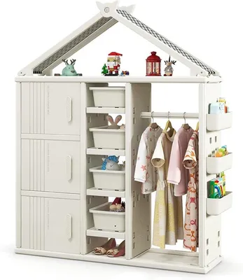 Produktbild von Kinderregal in Hausform mit Kleiderstange, Bücherregal Kinder, Spielzeugregal mit Regalen, Seitenkörben & 4 Aufbewahrungsboxen, Spielzeug Organizer Spielzeugschrank für Kinderzimmer (Weiß)