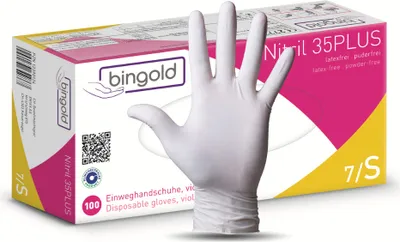 Produktbild von Bingold Nitril 35PLUS, weiß S | Packung (100 Handschuhe)