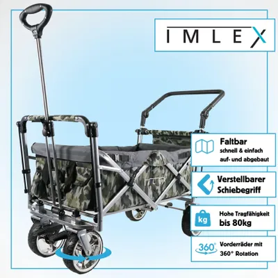 Produktbild von IMLEX Bollerwagen faltbar mit Dach IM-4268 Camouflage| Hohe Stabilität, 1X 3-Punkt Gurtsystem | Handwagen klappbar mit Schiebegriff ideal für 2 Kinder