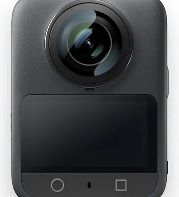 A close-up front view of a gray 360-degree action camera with a black screen and lens.