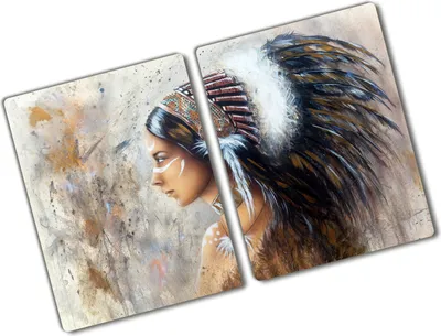 Produktbild von Tulup Glas Herdabdeckplatte - 2x40x52 cm - Glaskeramikkochfeld-Abdeckung Spritzschutz Glasabdeckplatte Kochplattenabdeckung und Schneidebrett - Zweiteilig - Kunst: modern & klassisch - Indianerin - Braun