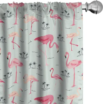 Produktbild von ABAKUHAUS Flamingo Vorhänge, Gardinen, Tropical Summer Exotische Vögel und Palmen, 2 Stück 75 x 175 cm, Hellblau Pastel Pink