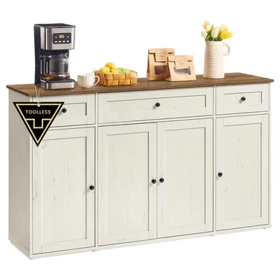 Produktbild von Sideboard, Toolless-Technologie, superschnelle werkzeuglose Montage, Küchenschrank mit Arbeitsplatte, weiß-braun