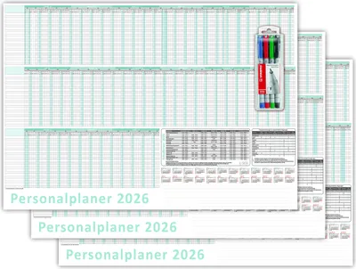 Produktbild von 3 Stück Urlaubsplaner Personalplaner 2026 nass abwischbar Folienkaschierung inkl. Stifteset - DIN B1 Format (1000 x 700 mm) 22 Mitarbeiter gerollt
