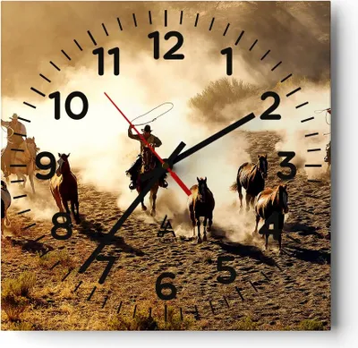 Produktbild von Wanduhr - Quadrat - Glasuhr - Cowboys Pferde Galopp - 40x40cm - Schleichendes Uhrwerk - Lautlos - zum Aufhängen bereit - Dekoration Modern - Wanddekoration aus Glas - C4AC40x40-2693