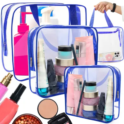 Obrázok produktu pre Priehľadná toaletná taška 3 kusy | Kozmetická taška vodotesná | Cestovný organizér | Make-up taška priehľadná na príručnú batožinu do lietadla | Modrá | Retoo