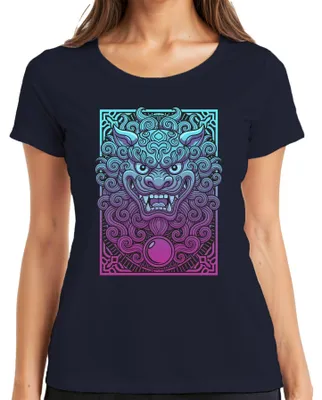 Zdjęcie produktu dla Japoński lew strażniczy, Foo Dog, Shisa, Azja, mitologia, damska koszulka, kolor granatowy, rozmiar M