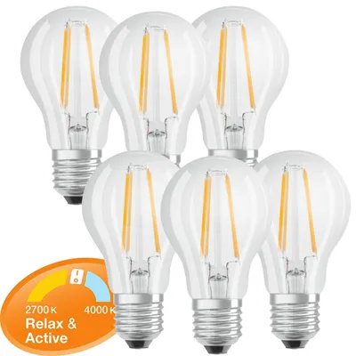 Image de 6 ampoules LED à filament Osram, forme ampoule A60 7 W = 60 W E27 claires 806 lm Relax & Active par interrupteur blanc chaud & blanc froid